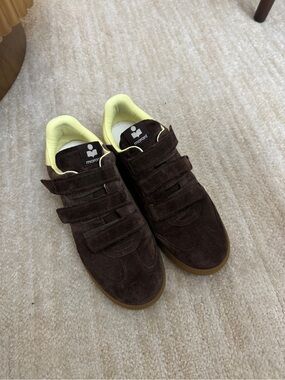 Isabel Marant Dark Brown Suede Velcro Sneakers with Yellow Lining